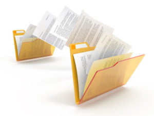 Moving documents between yellow folders. 3d illustration.